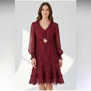 Avantlook Pompom Ruffled Dress size Small Burgundy